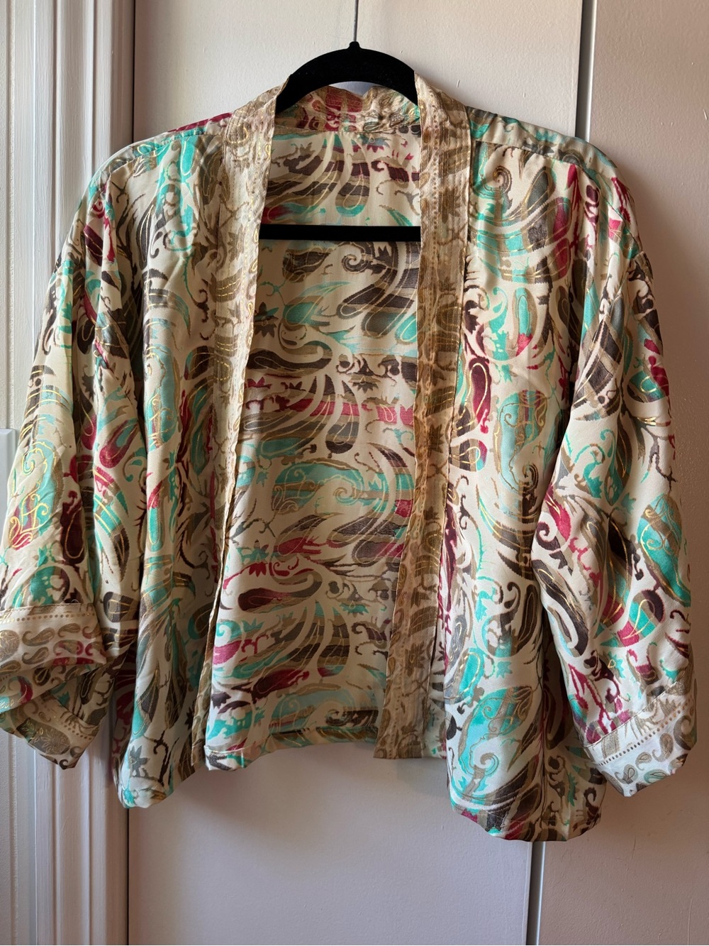 VTG Boho Paisley Kimono Jacket Gold Metallic Lurex Open Front Cardigan L/XL